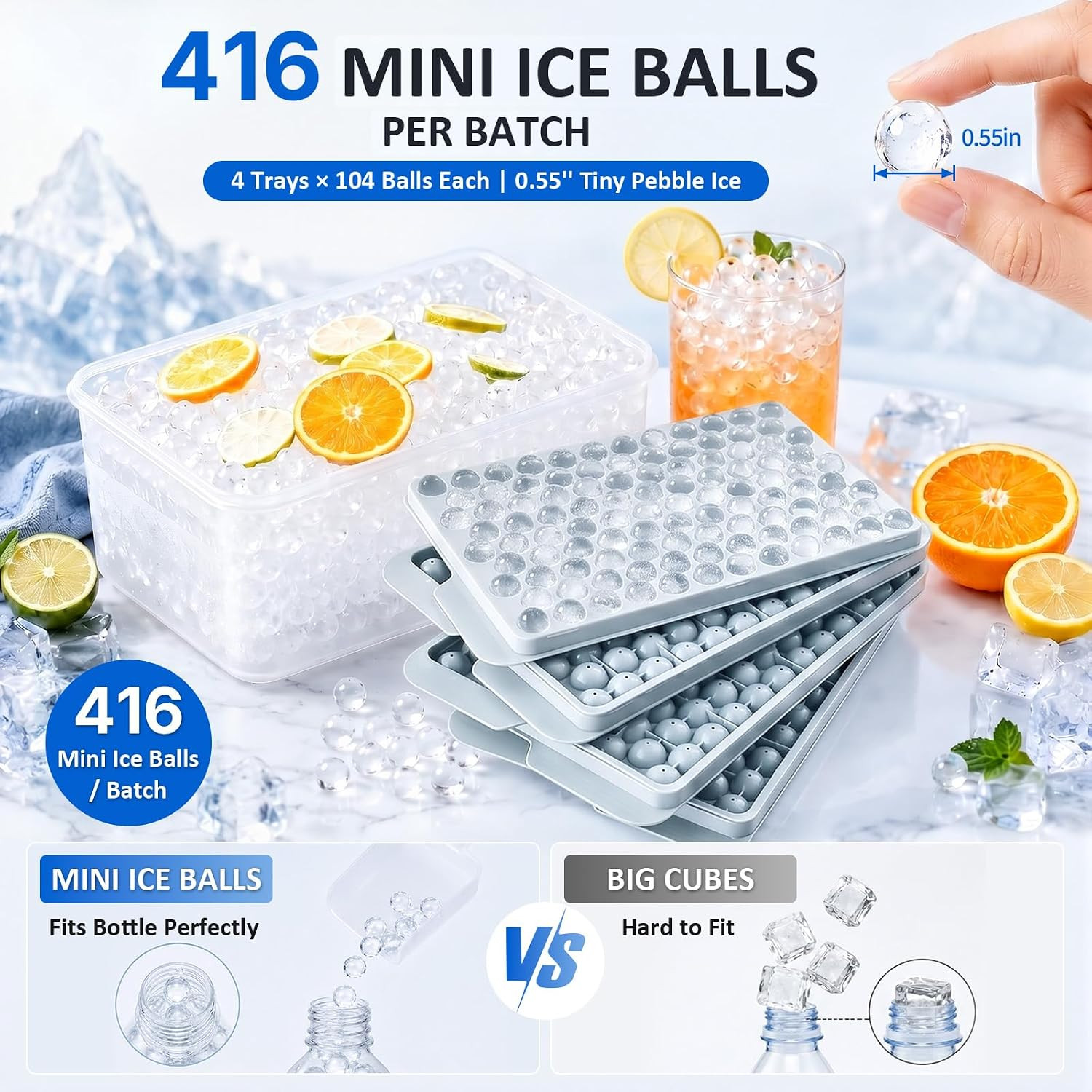 Mini Ice Cube Trays with Lid & Bin, Tiny Pebble Ice Balls for Coffee | Make 416