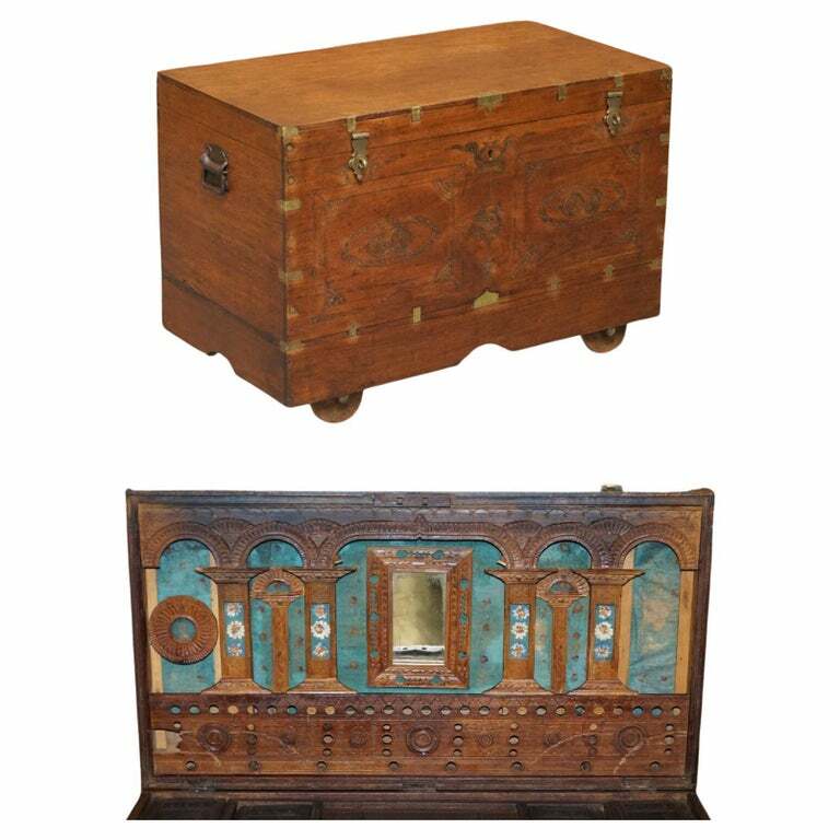 ANTIQUE CIRCA 1900 INDIAN TELUGA KAVIDPETTI MARRIAGE DOWRY CAMPAIGN CHEST WHEELS