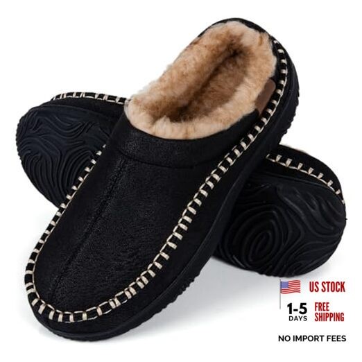 Men's Moccasin House Slippers - Memory Foam Indoor Outdoor Shoes Warm 11 Black