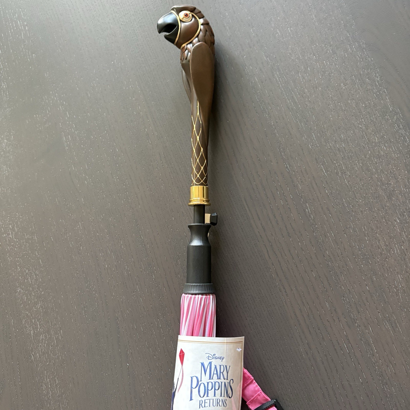 Disney Mary Poppins Returns Inverted Umbrella Carved Parrot Handle Pink RARE TAG