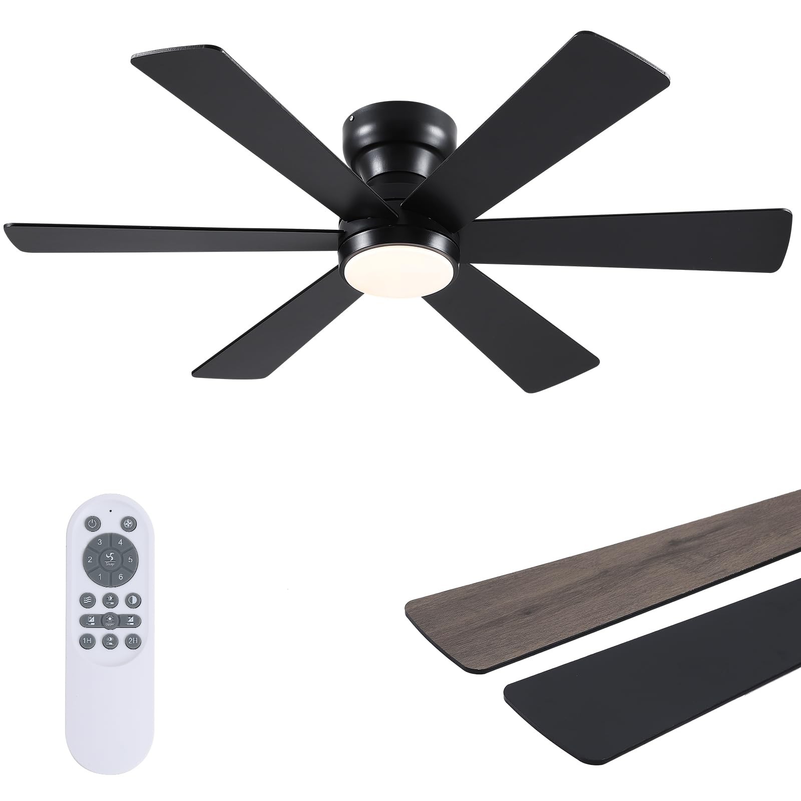 46"Black 6-Blade Modern Low Profile Ceiling Fan with Light and Remote