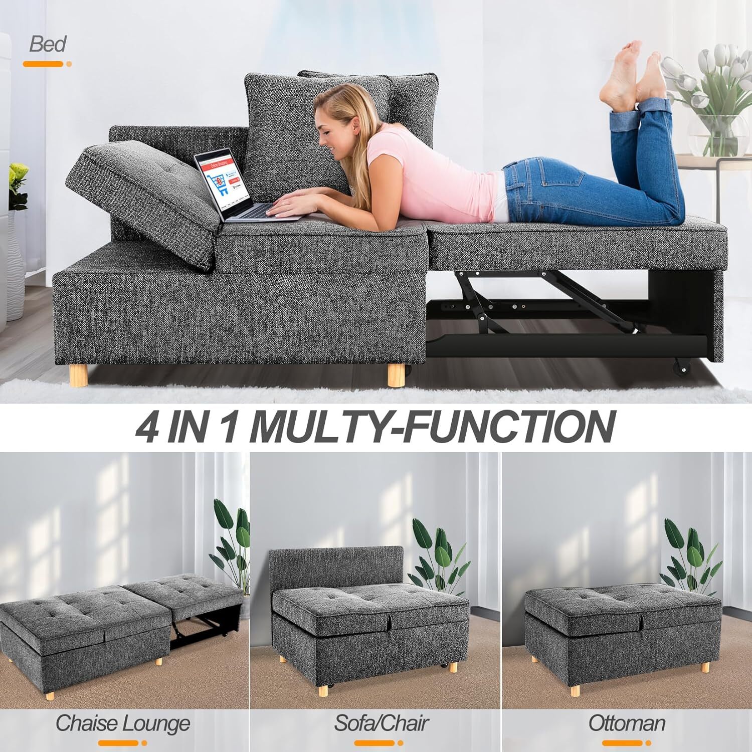 4-in-1 Folding Ottoman Sofa Bed, Convertible Chair Multi-Function Sleeper Sofa*)