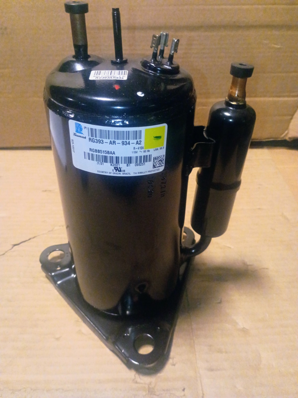 New Genuine Tecumseh RGBB515BAA 1 HP R-410A Rotary AC/HBP Compressor 115V