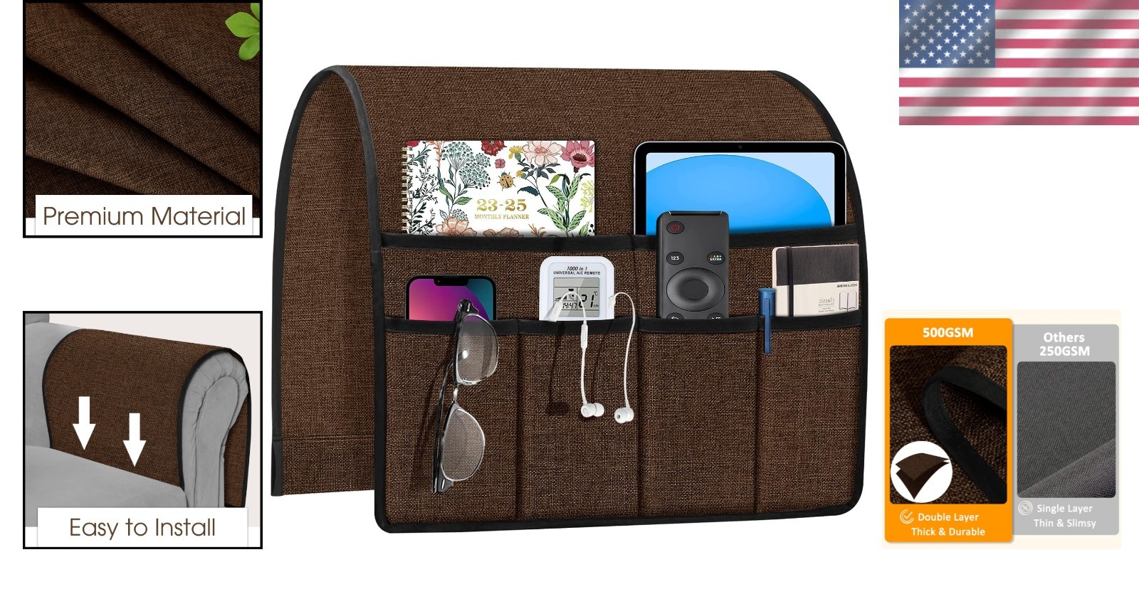 Sofa Armrest Organizer with 6 Pockets, Tablet Phone Storage