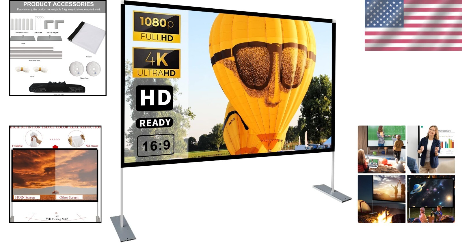 Durable 100-Inch Fast-Folding Projector Screen with Sturdy Stand - Movie Ready