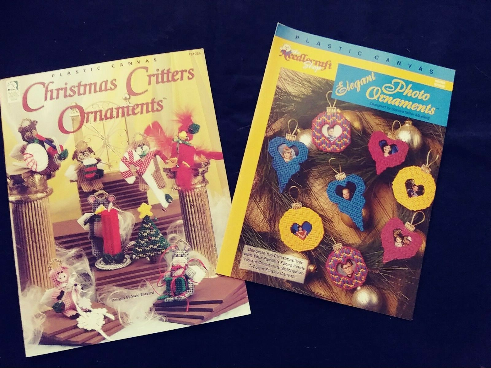 Christmas Critters & Elegant Photo Ornaments Plastic Canvas Patterns Lot of 2