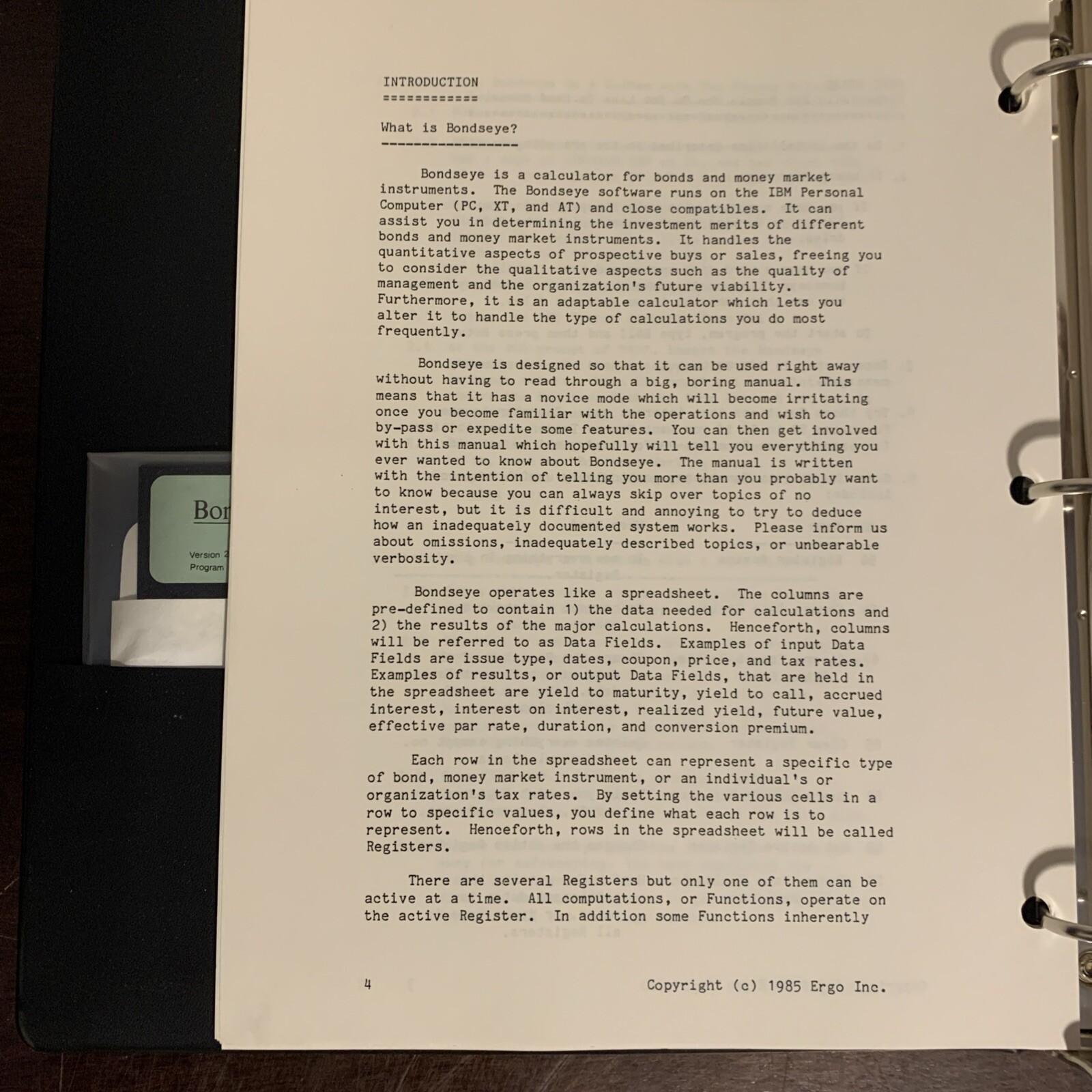 Vintage Bondseye Software Reference Manual W/5.25” Floppy Disk Version 2.1 1986