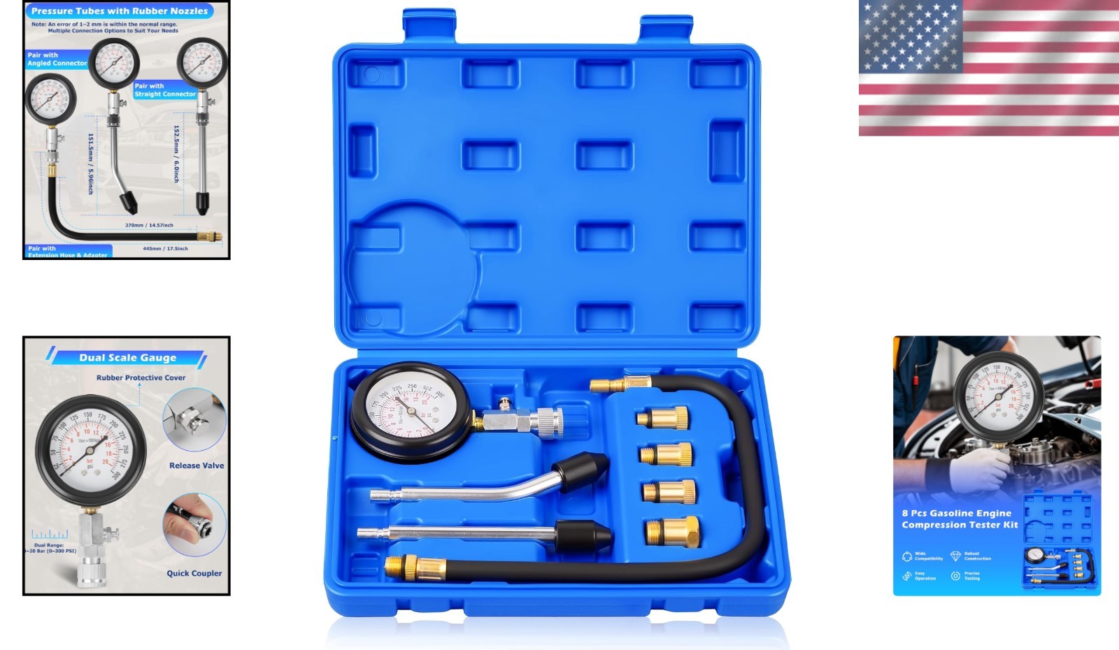 Durable Petrol Engine Compression Tester Kit with Multiple Vehicle Adaptors
