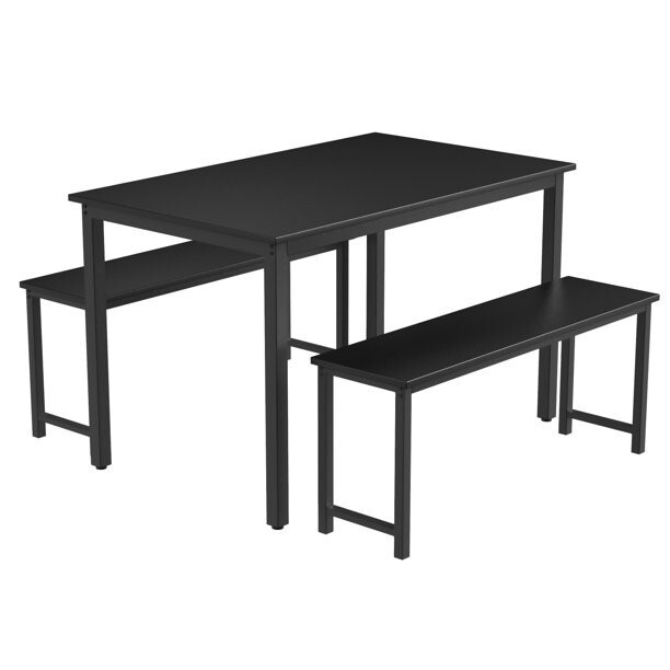 3 Pc Farmhouse Kitchen Table Set w/ Two Benches Black Metal Frame W36817585