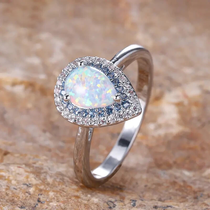 Elegant 925 Sterling Silver Rainbow Opal Charms Engagement Wedding Ring Size 7
