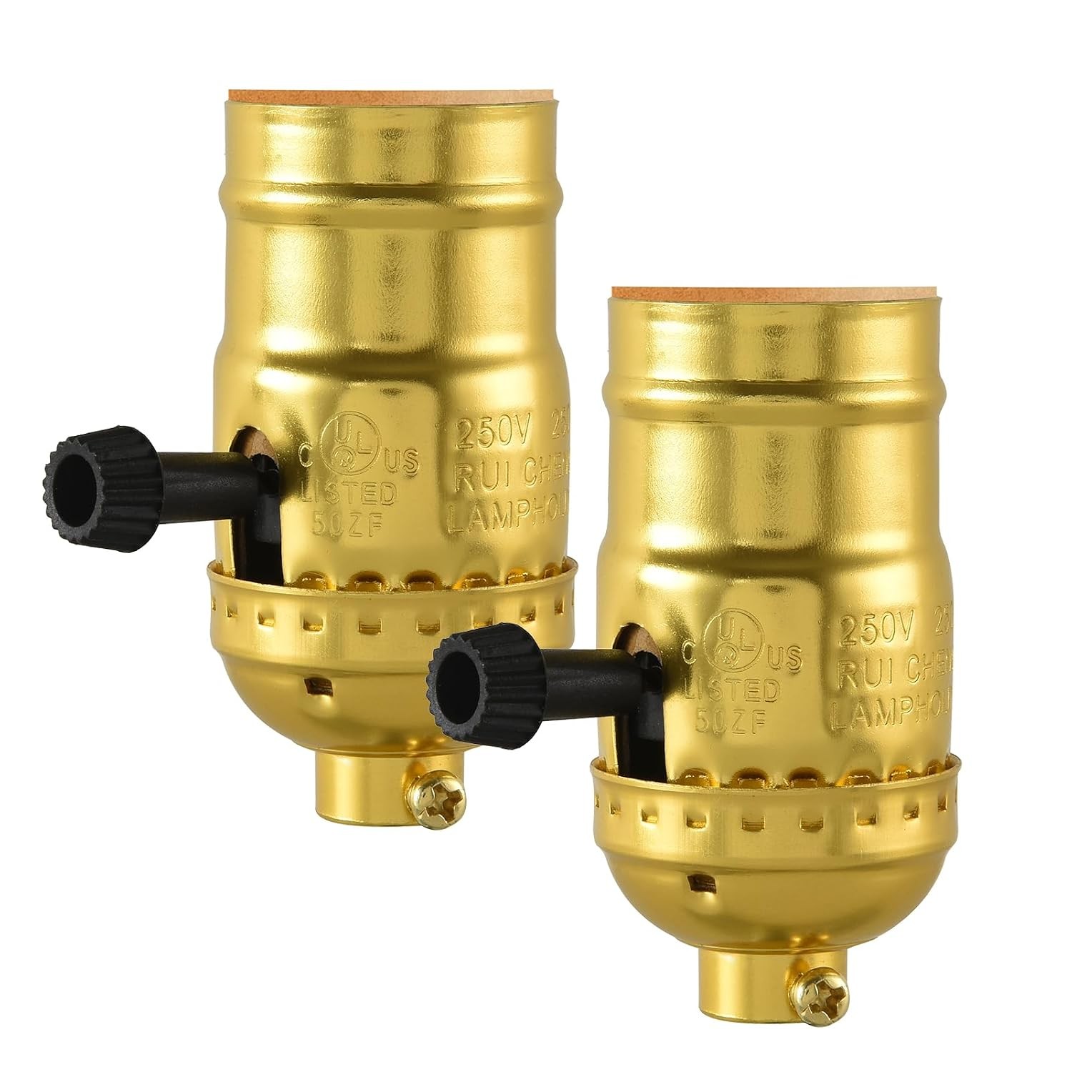 2Pcs E26 Lamp Socket HeavyDuty Aluminum 3Way Turn Switch Gold for Lamp Repair