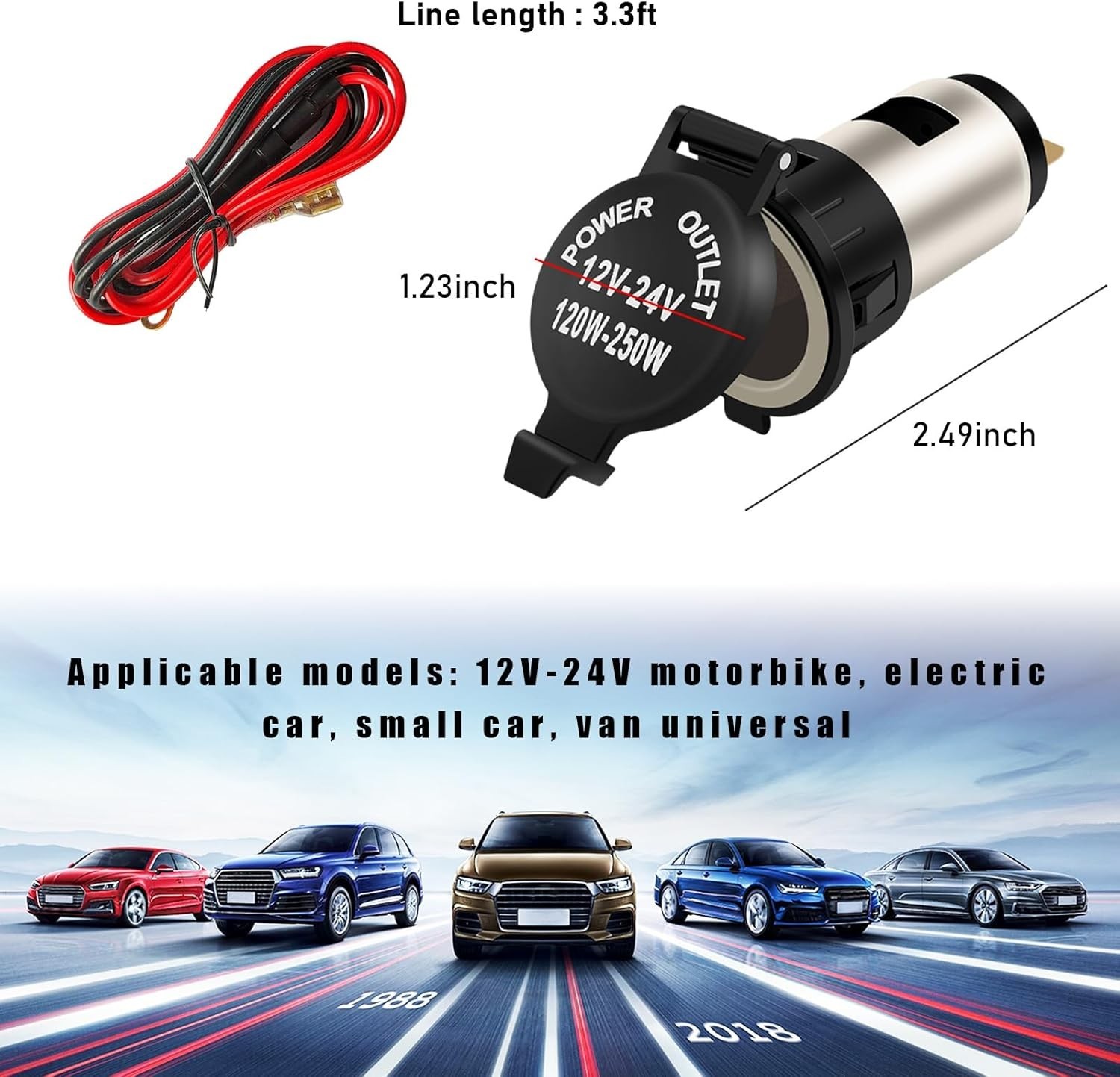 1PCS , 12V Waterproof Auto Cigarette Lighter Adapter with Extension Cable, Ve...