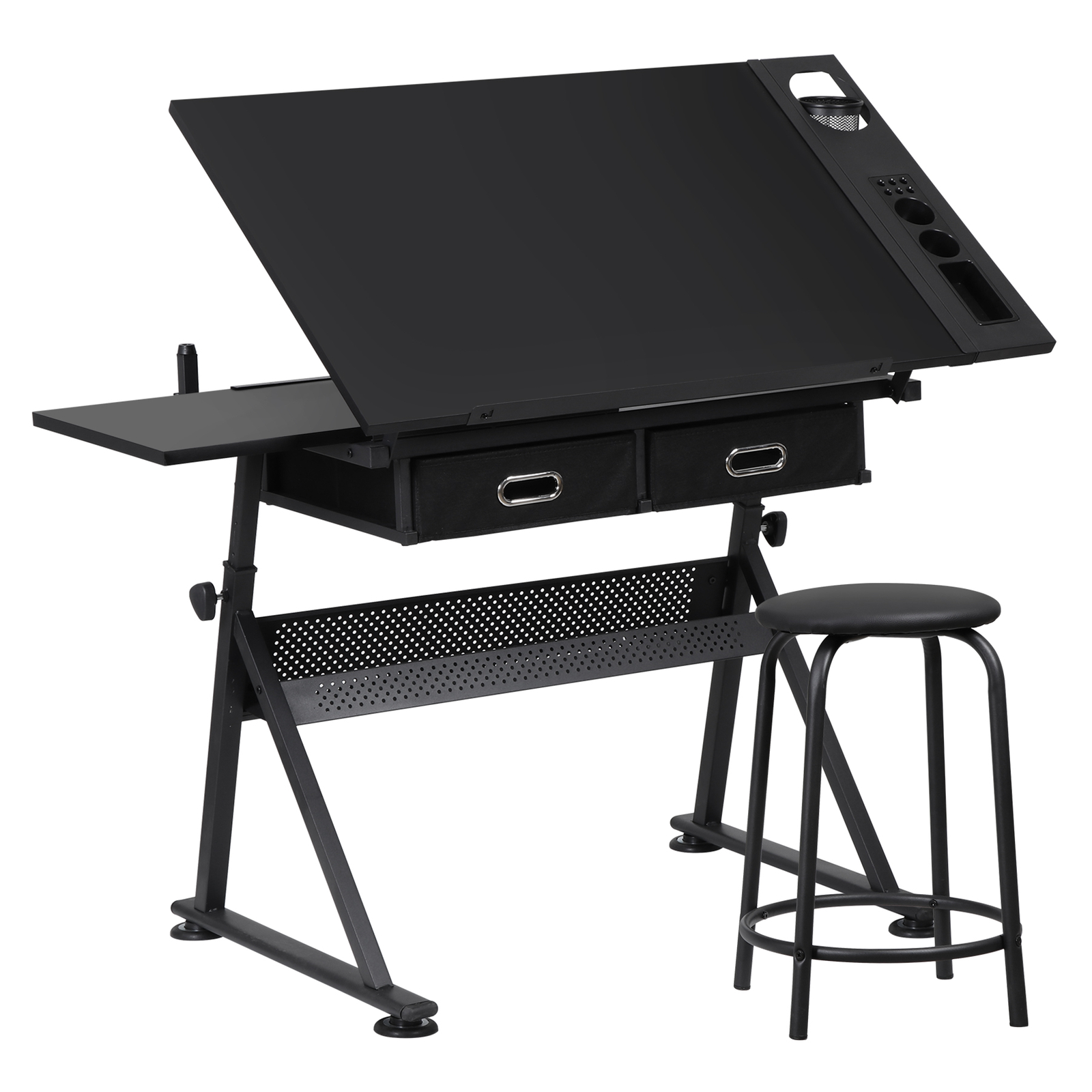 Drafting Table Adjustable Drawing Artist Desk Tilted Tabletop w/2 Drawers Stool