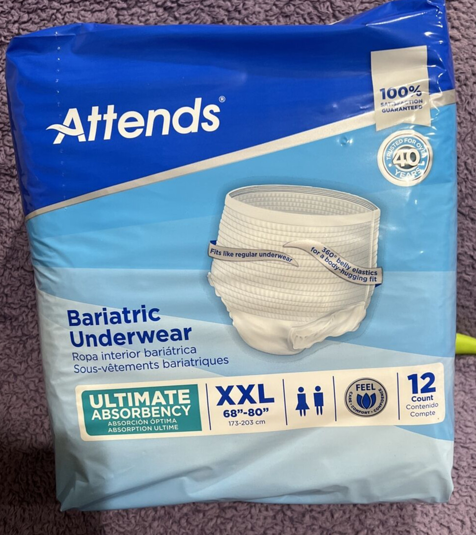 Attends Adult Diapers 2X XXL Overnight Bariatric Underwear New 4 Packs of 12 48