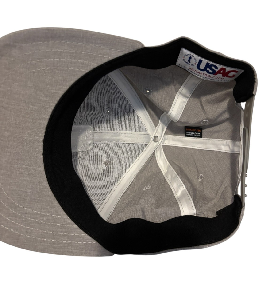U Suck at Golf Hat TriTech Moisture Wicking Adjustable 4-Way Stretch Lt. Gray