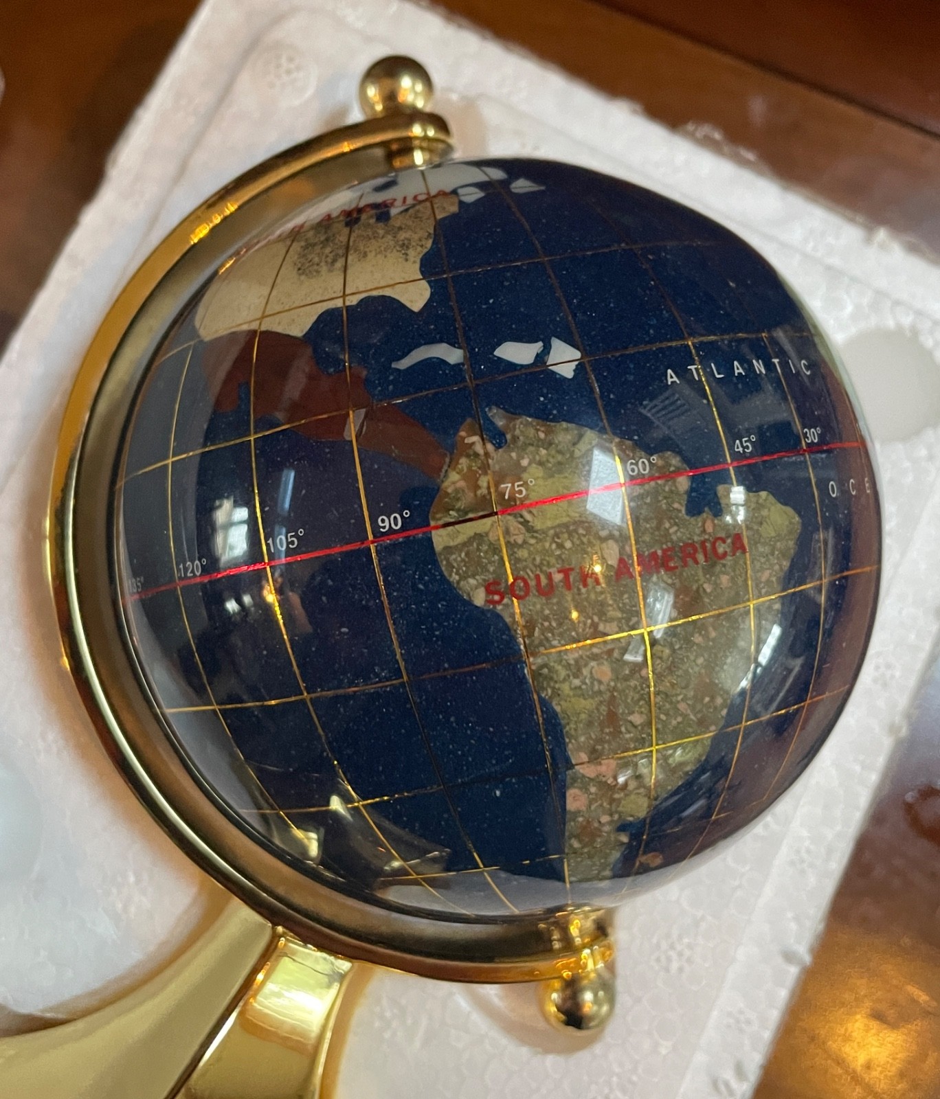 Blue Lapis Glass World Globe with Semi Precious Gemstones 6” Tall~Unused