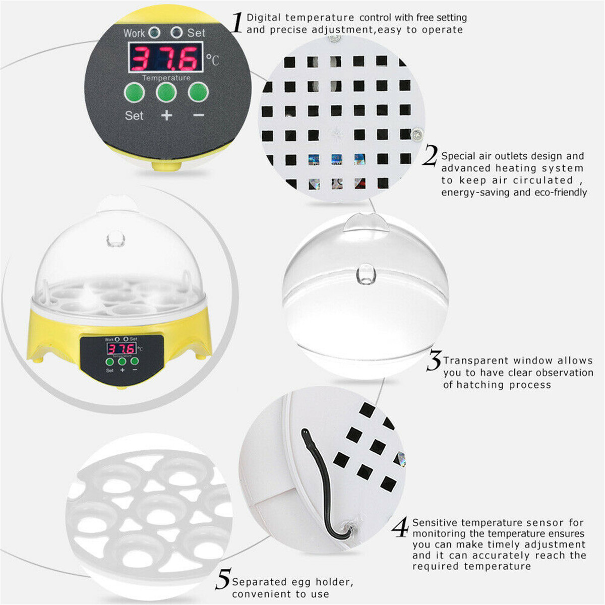 7 Eggs Automatic Digital Egg Incubator Chicken Bird Hatchers Temperature Control