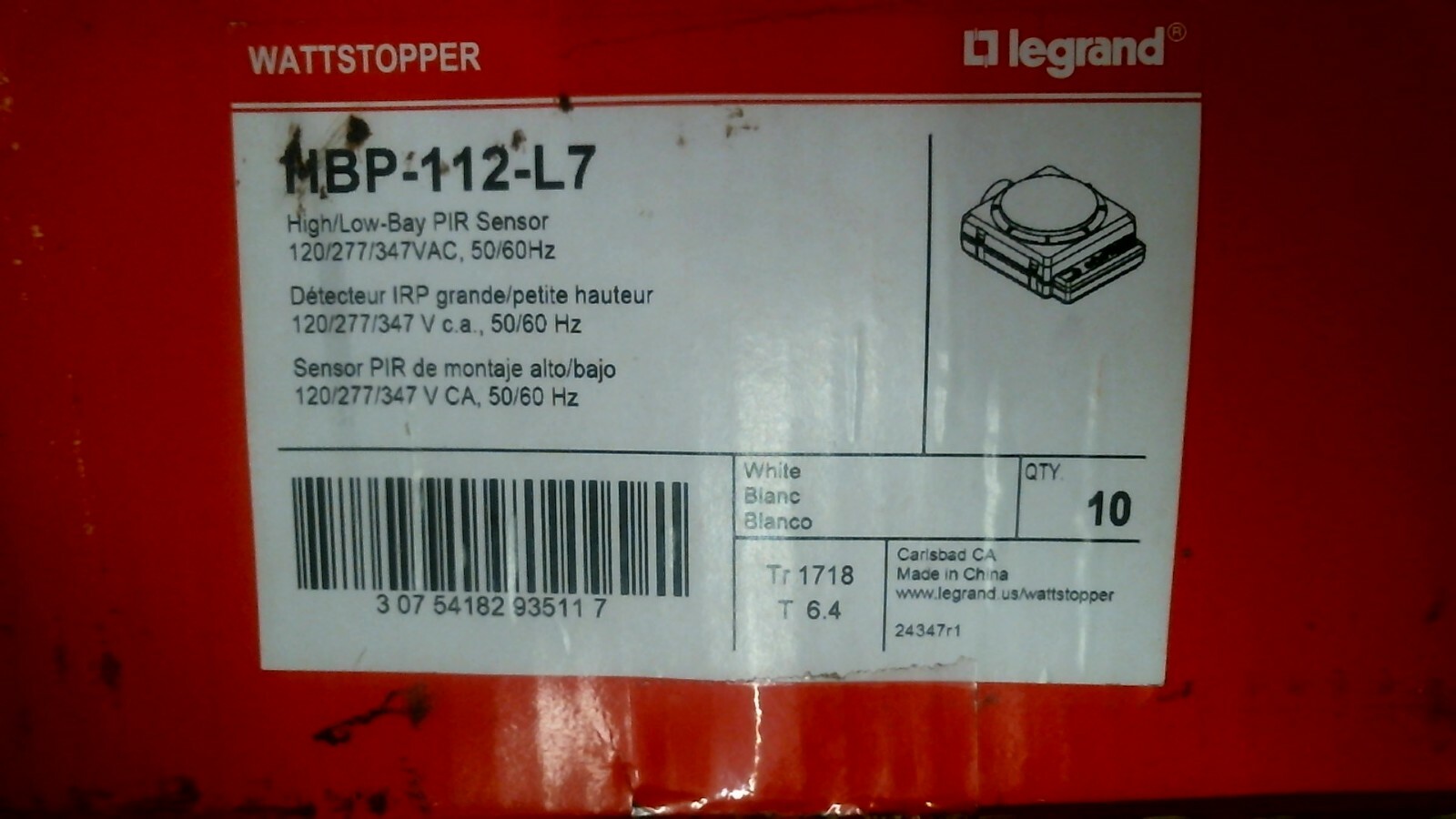 LEGRAND WATTSTOPPER HBP-112-L7 HIGH LOW BAY PIR SENSOR 347VAC BOX/10 -FREE SHIP