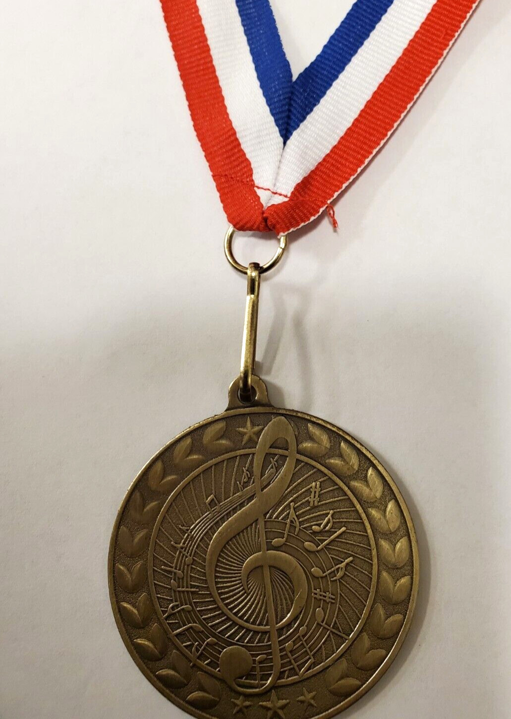 Music or band medal, Notes, gold, award, with neck ribbon-R, W & B, large 2 1/4"