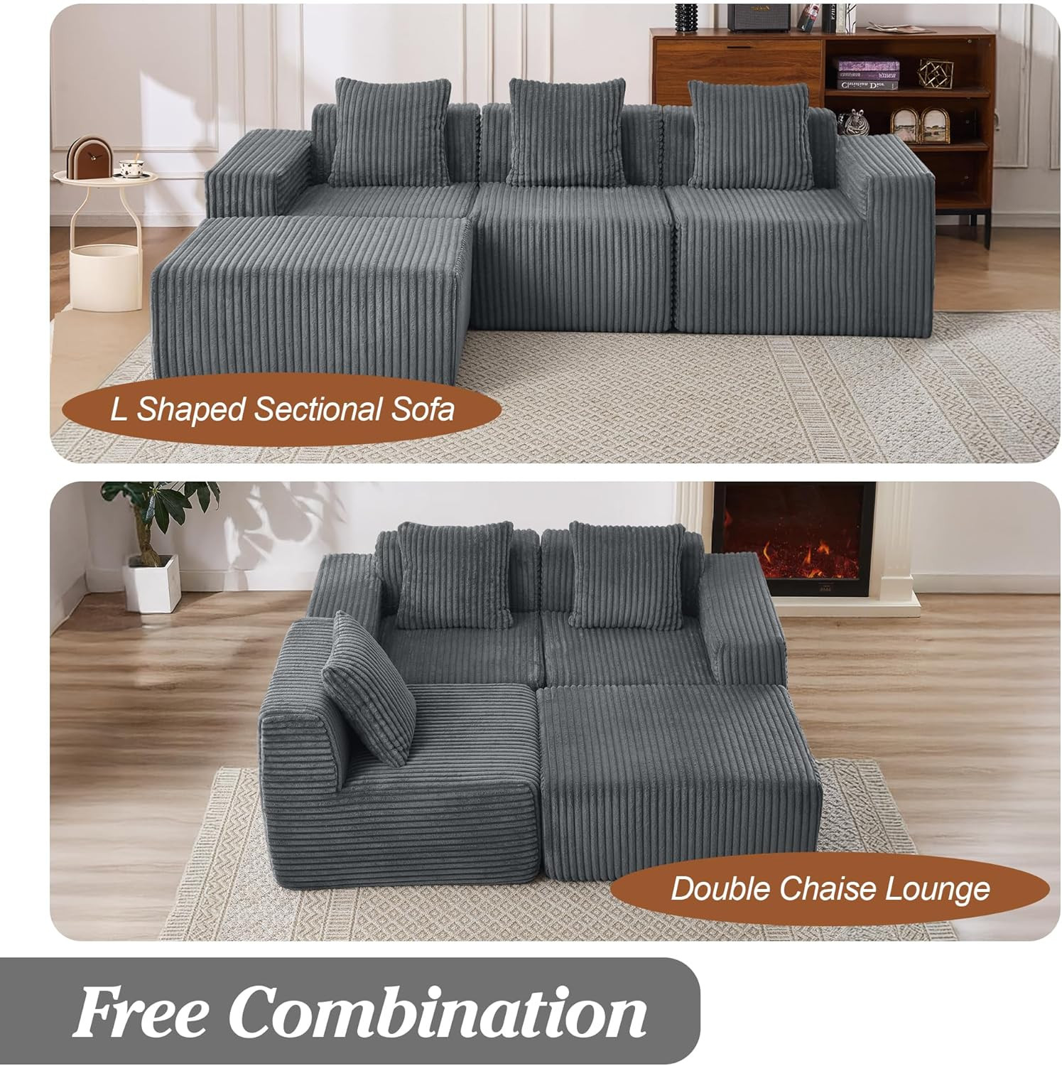 Dark Gray Modular L-Shaped Sofa with Chaise & Memory Foam, 101