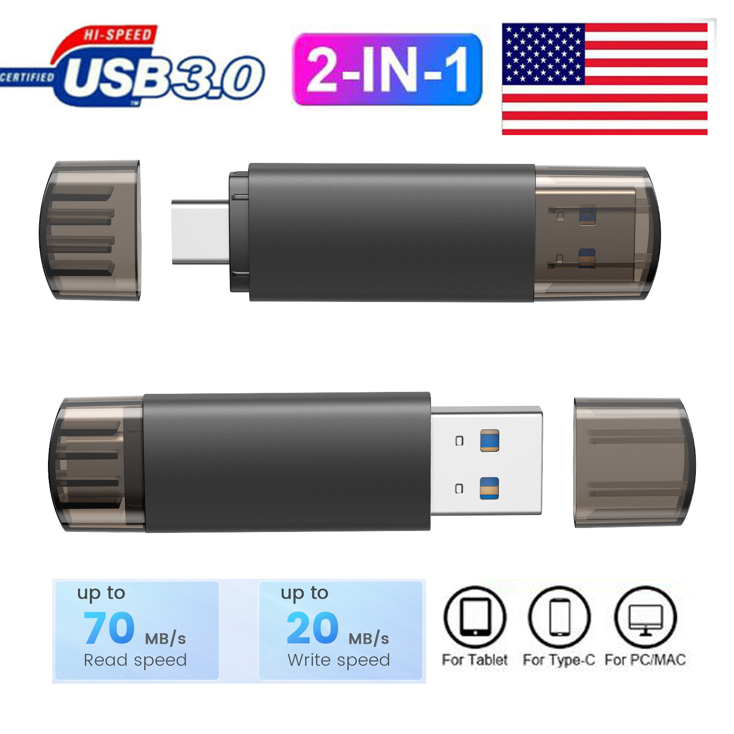 64GB 128GB 256GB 2 in 1 OTG Dual USB 3.0 Flash Drive Type C Thumb Pendrive Lot