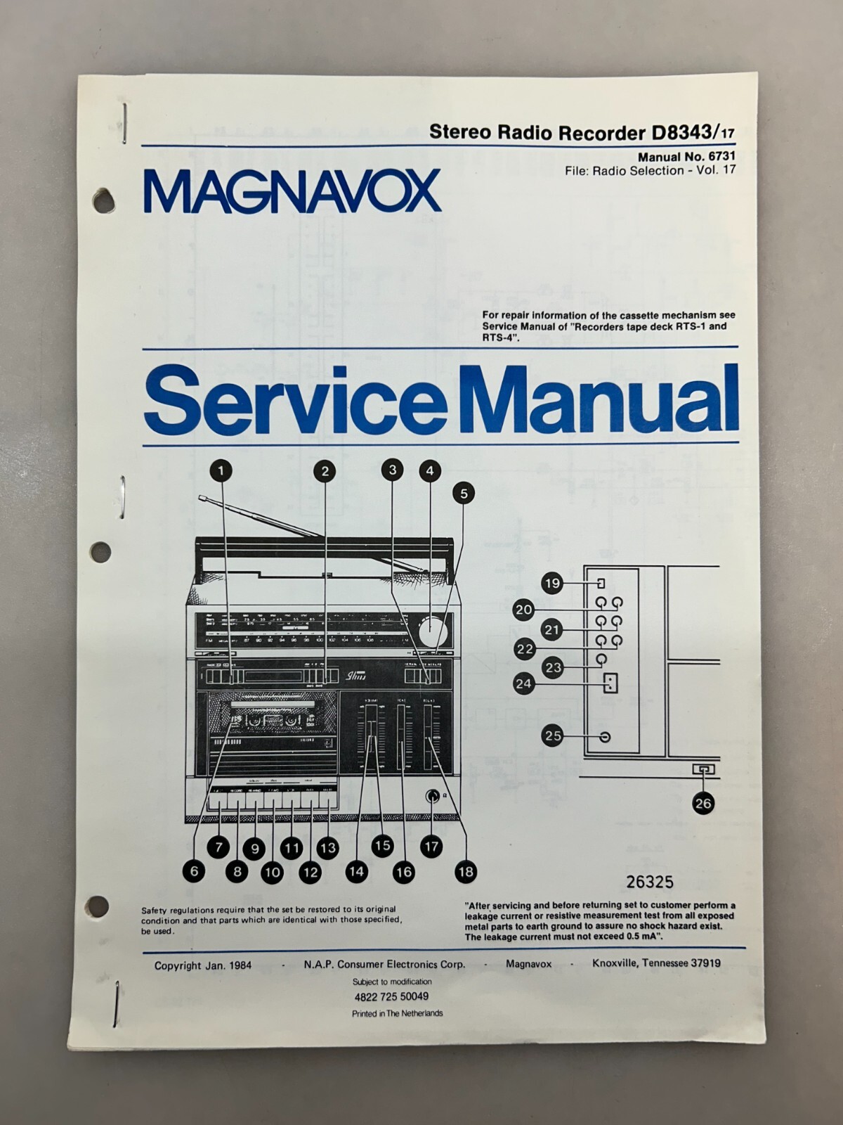 Magnavox D8343 Original Service Manual Free Shipping