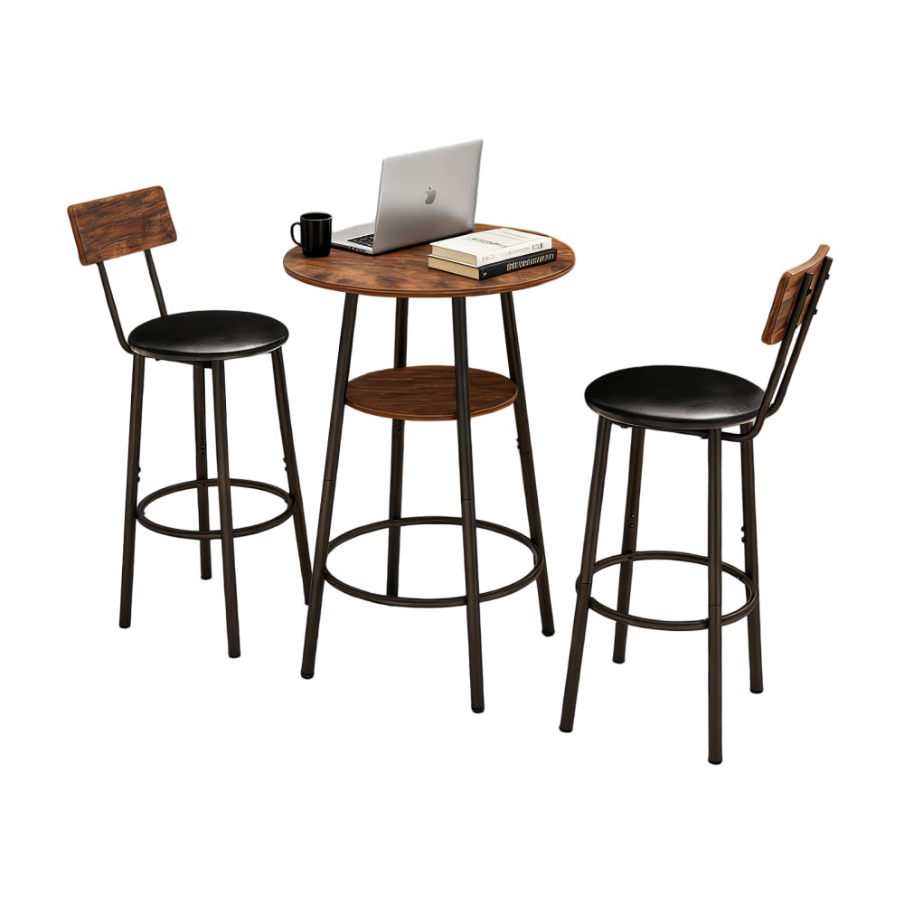 3 Pieces Round Bar Table and Chairs Set, Small Dining Table for 2 with 2-Tier