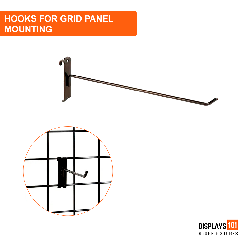 12" Gridwall Hooks | 100-Pack Black Hooks For Grid Panel Displays - NEW