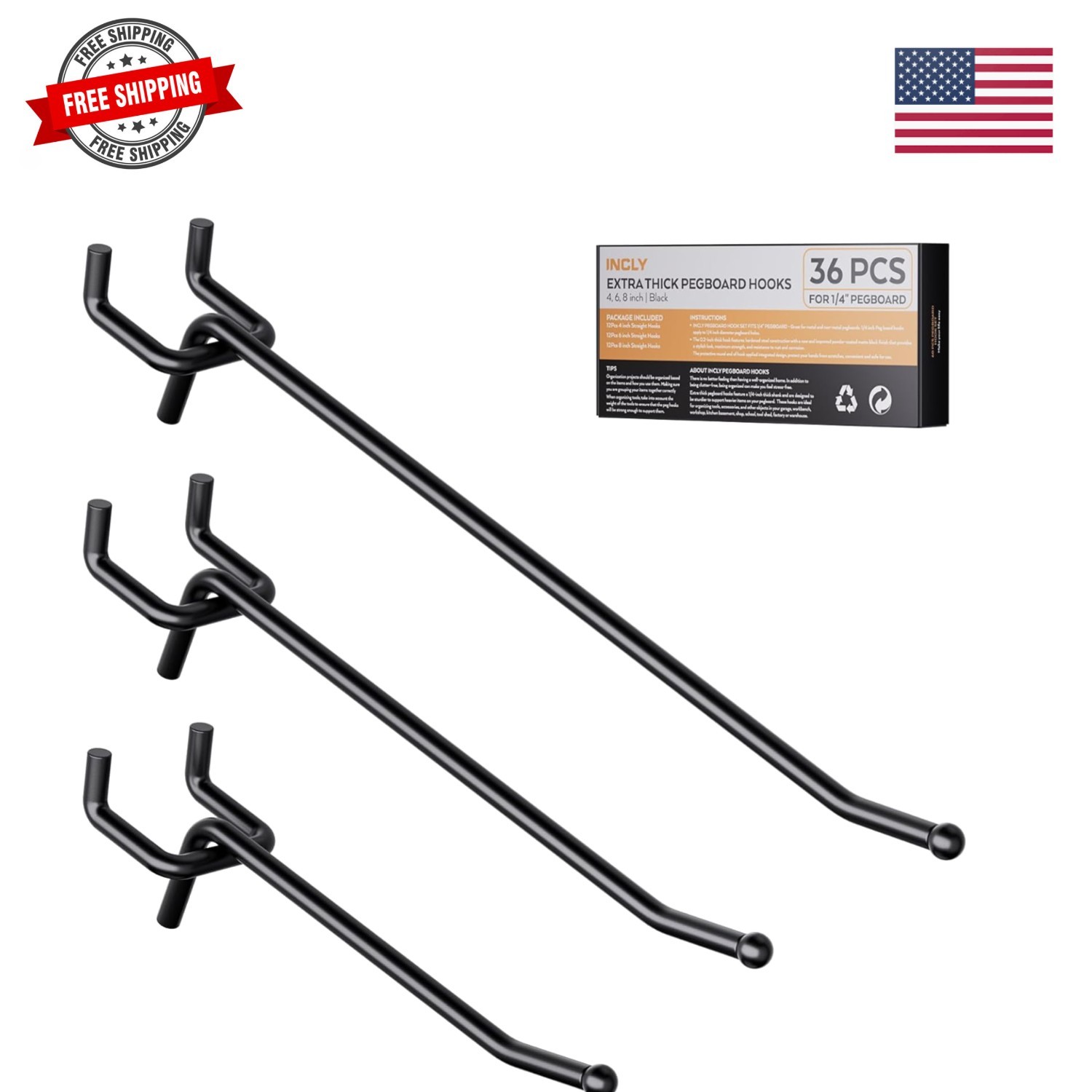 36 Pack 4/6/8 Inch Black Pegboard Hooks, 1/4" Heavy Duty Peg Board Shelving H...