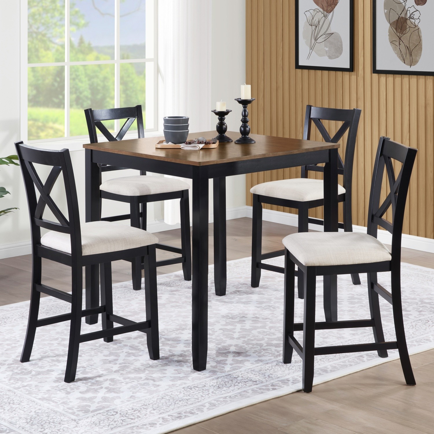 5-Piece Square Dining Table Set with Wood Kitchen Table and 4 Upholstered Chair