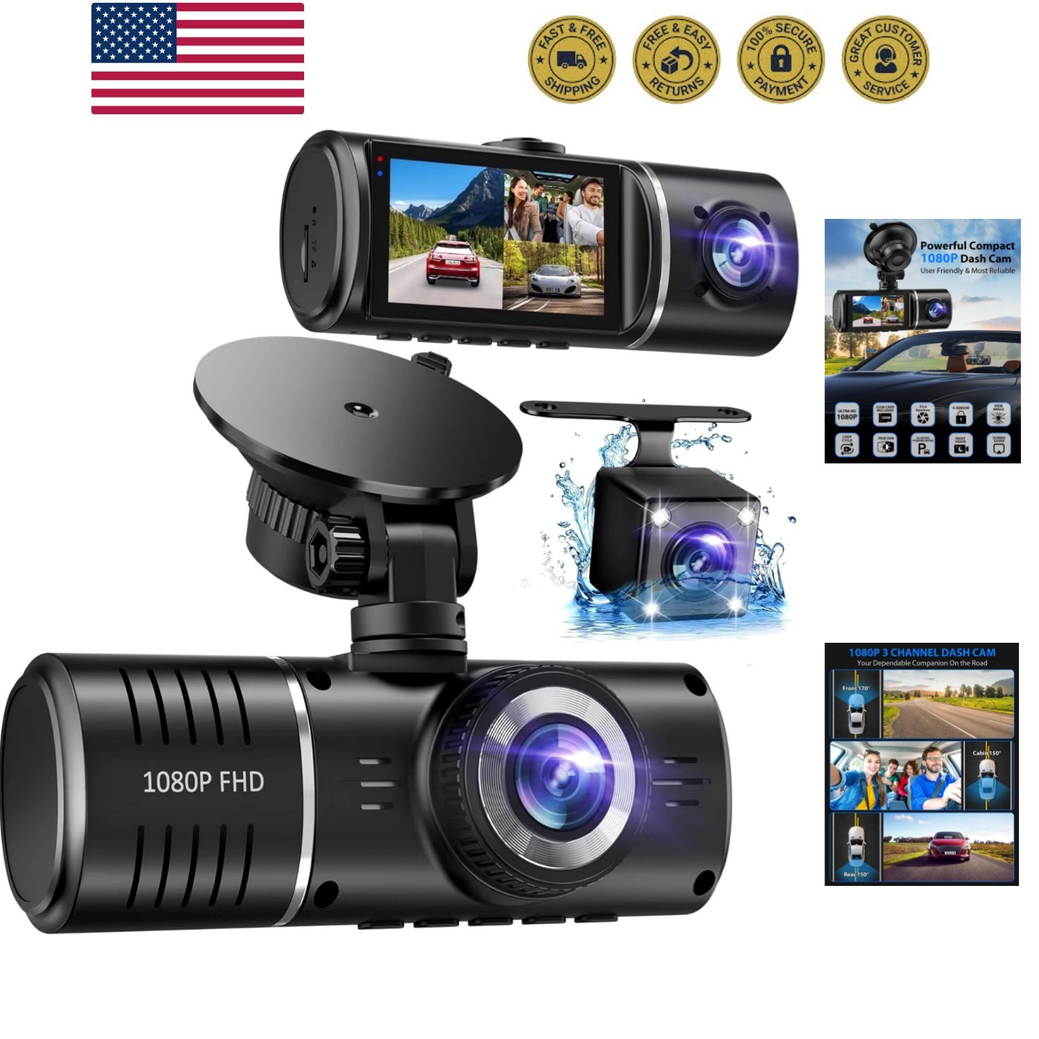 Dash Cam Front and Rear, 1080P Dash Camera for Cars, 3 Channel Car Camera Fro...