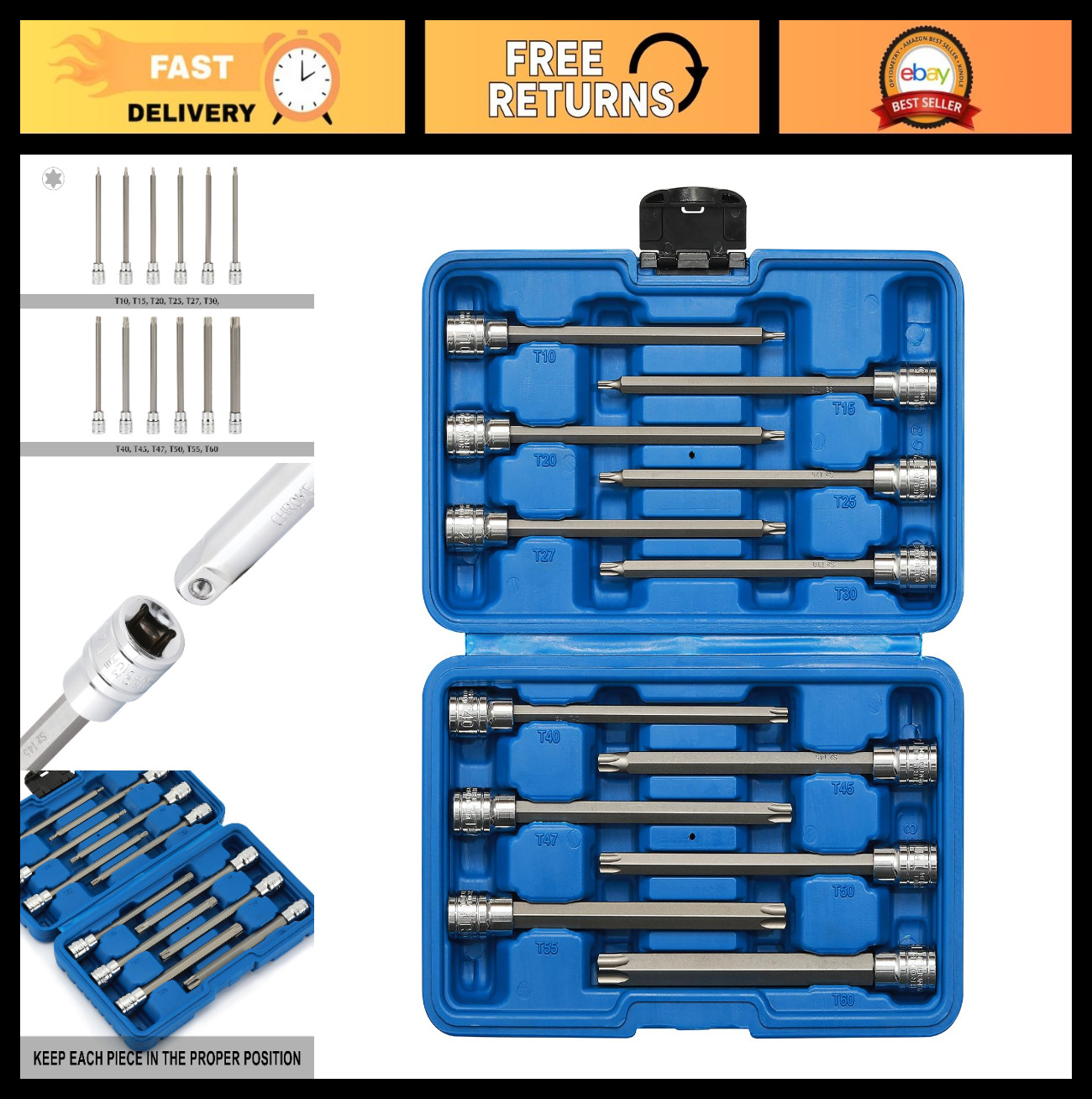 12PCS Extra Long Torx Bit Socket Set 3/8" Drive, CR-V S2 Steel, T10-T60, 5.9" Le