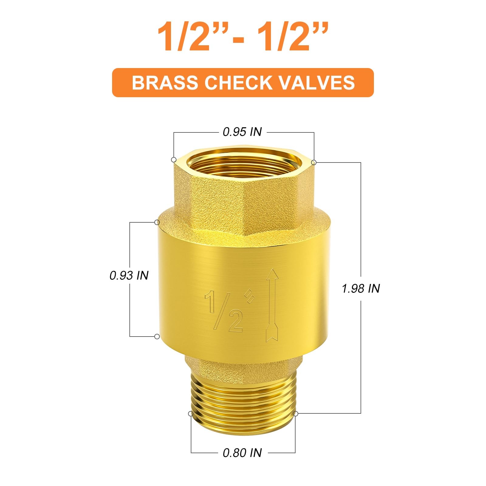 2PCS Brass Check Valve DN15 1/2 Female and Male Thread, Backflow Prevention, One