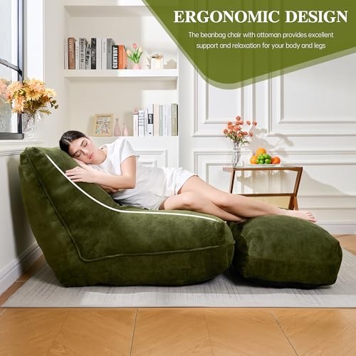 Bean Bag Chair with Ottoman, Comfy Bean Bag Sofa with Memory Foam, Lazy Green