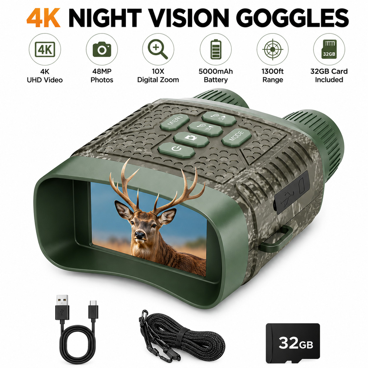 4K 48MP Infrared Night Vision Binoculars Goggles for Hunting 10X Digital Zoom