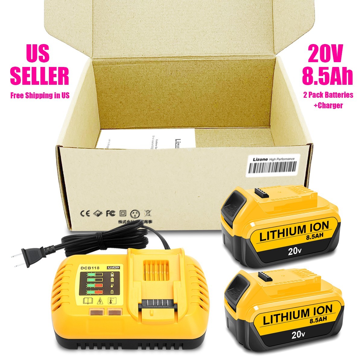 2PACK 8.5Ah Battery and Charger For DeWalt 20V Max 8Ah 7Ah Battery DCB208 DCB207