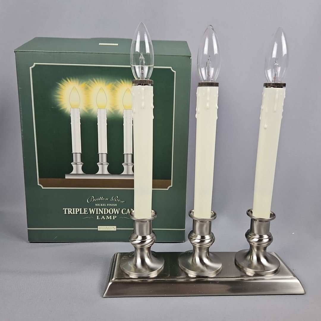 Restoration Hardware Britton Rose Triple Window Candle Lamp Nickel Finish NIB