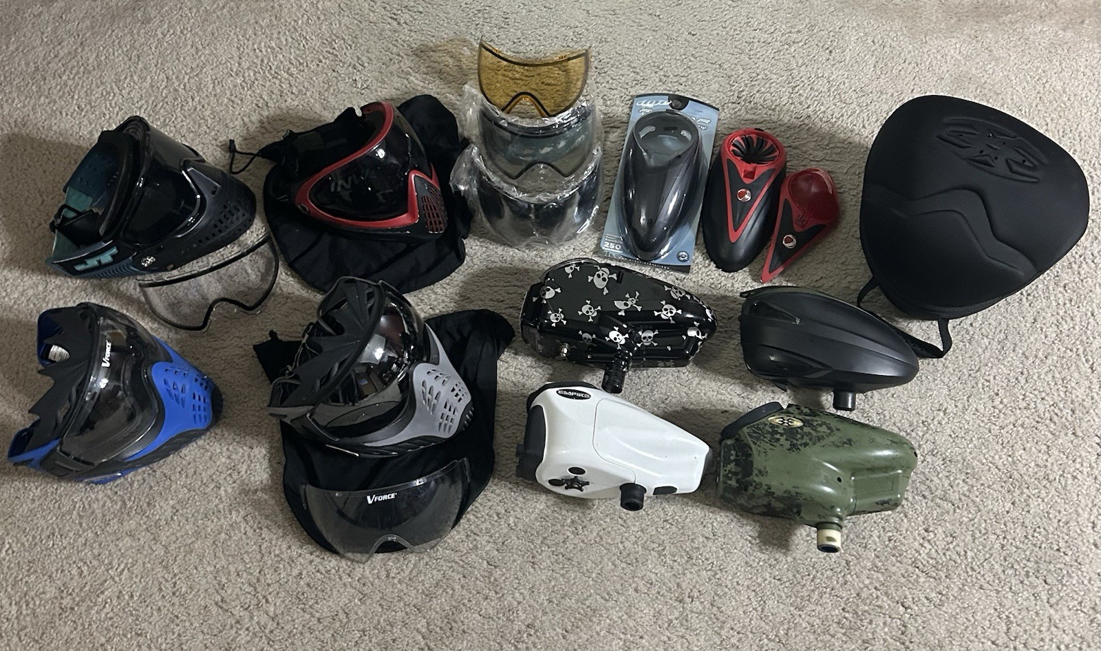Paintball Gear Lot Bundle - JT Proflex, Dye I4 , Vforce, Masks, Lenses, Loaders