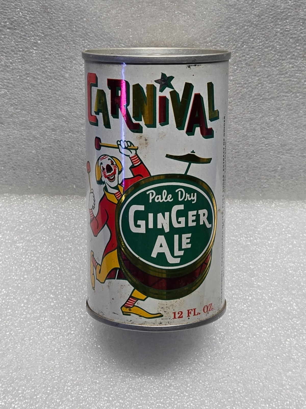 Vintage Carnival Ginger Ale Clown Jester Drummer Straight Steel Soda Pop Can