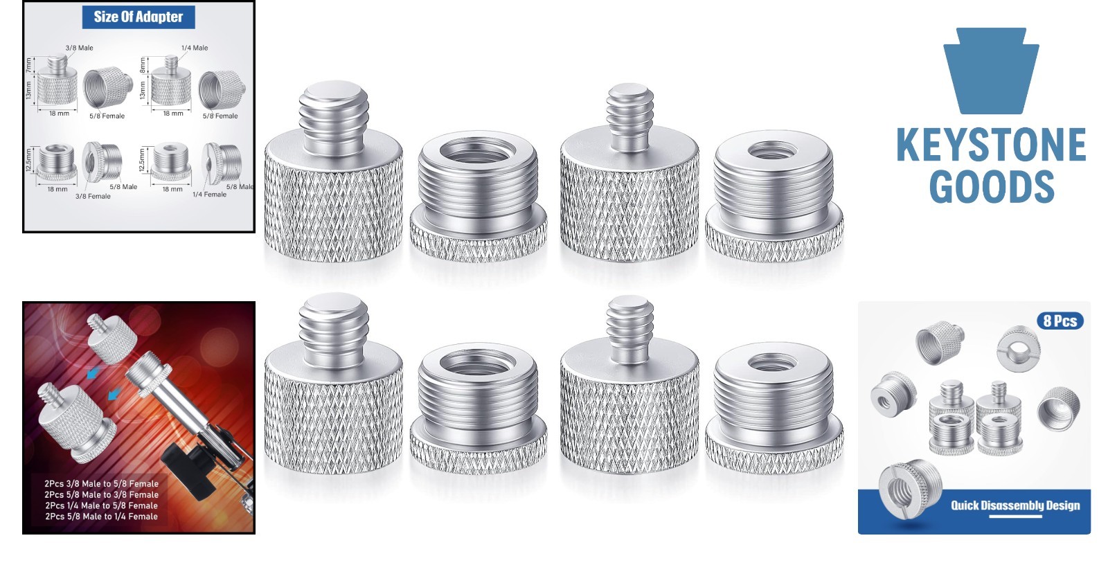 8Pcs Silver Microphone Thread Adapter Set for Universal Compatibility