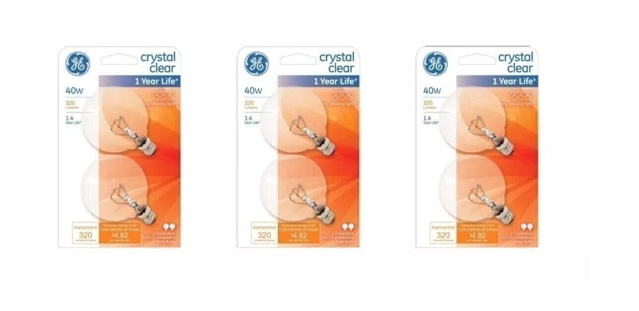 GE 6x 40-Watt Clear Globe Light Bulbs – G16 1/2 Candelabra Base 260 Lumens