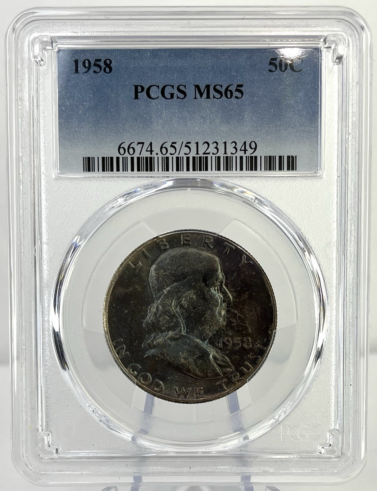 1958 Half Dollar Franklin PCGS1958 Franklin Half Dol MS65 Deep Pink Blue Toning