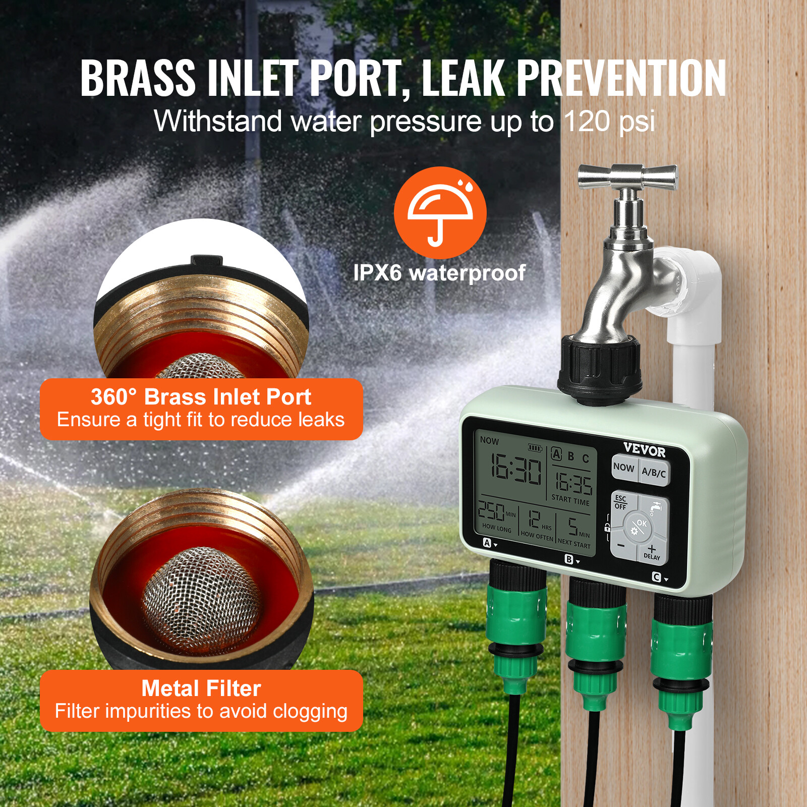 VEVOR Water Timer 3 Outlets Hose Watering Sprinkler Timer LCD Rain Delay Mode
