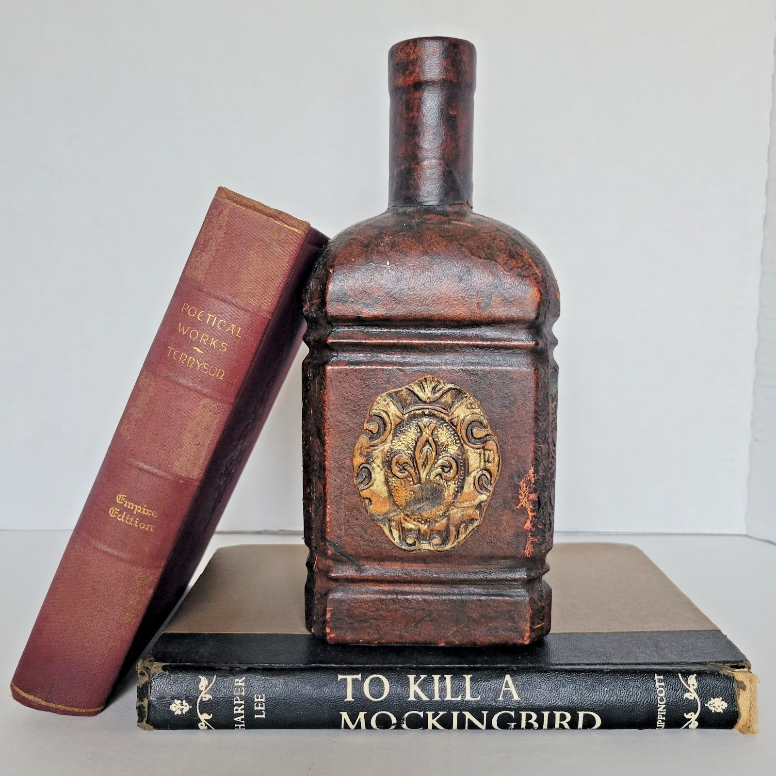 Vintage Italian Leather Wrapped Glass Decanter Bottle Metal Fleur de Lis Italy