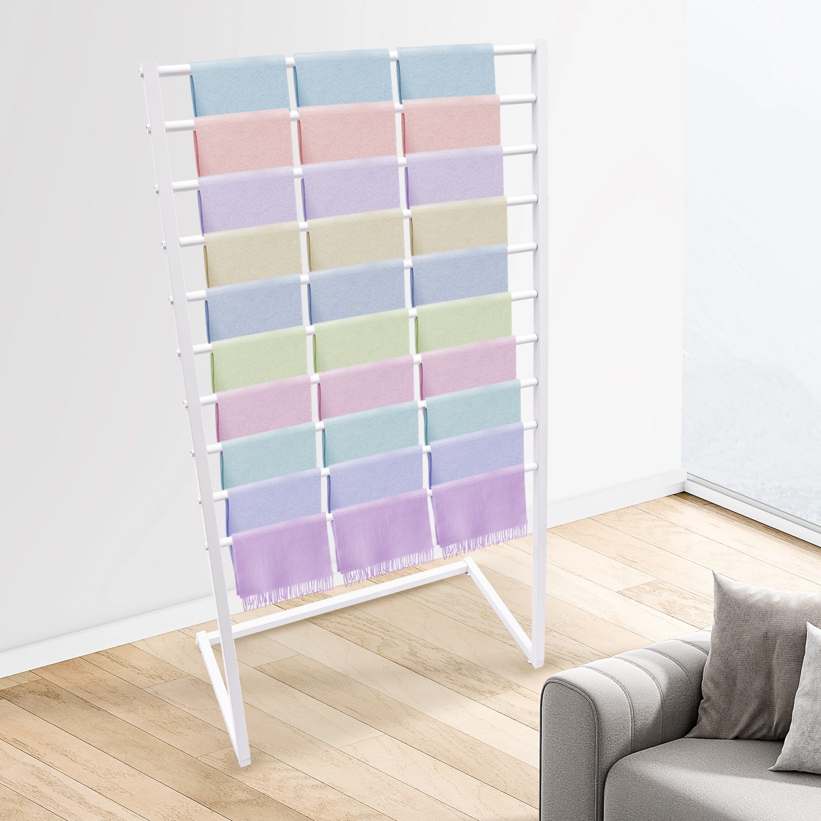 Freestanding Scarf and Neck Ttie Display Stand, 10 Tier White Metal Scarf Rack