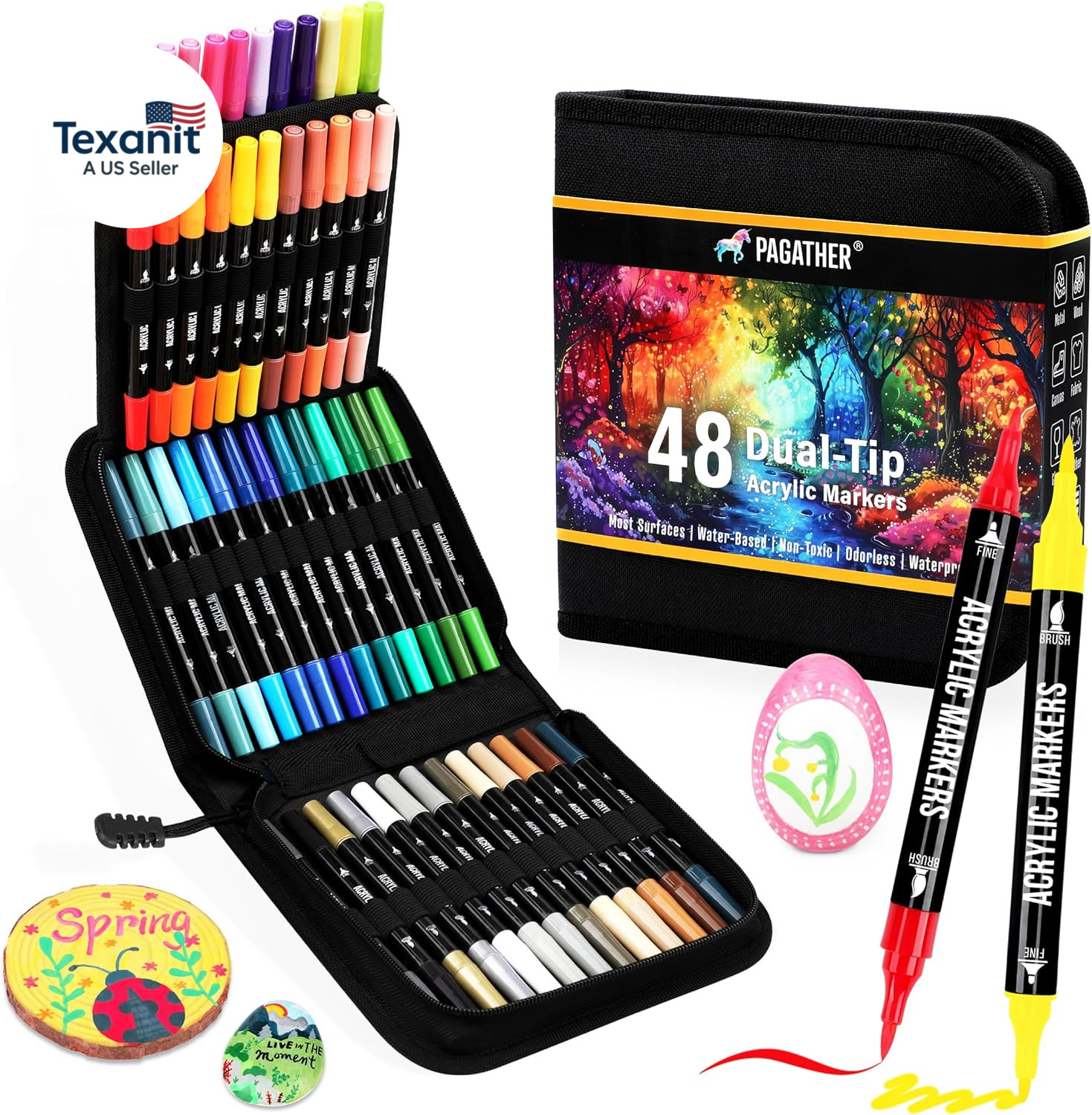 48 Colors Acrylic Paint Markers, Dual Tip with Fine Tip and Brush Tip Pens for S