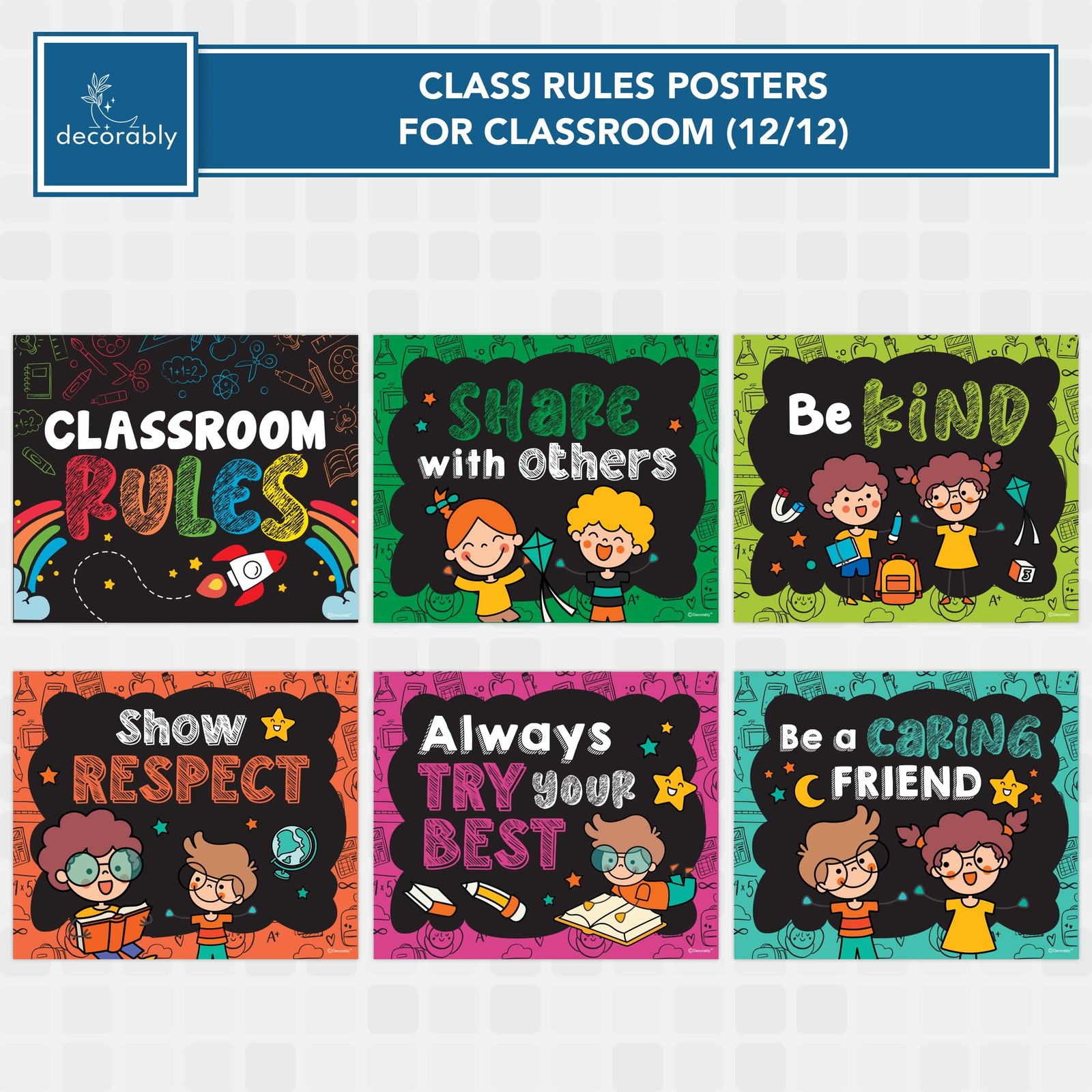 Decorably Hanging Class Rules Posters for Classroom - 12 Rules