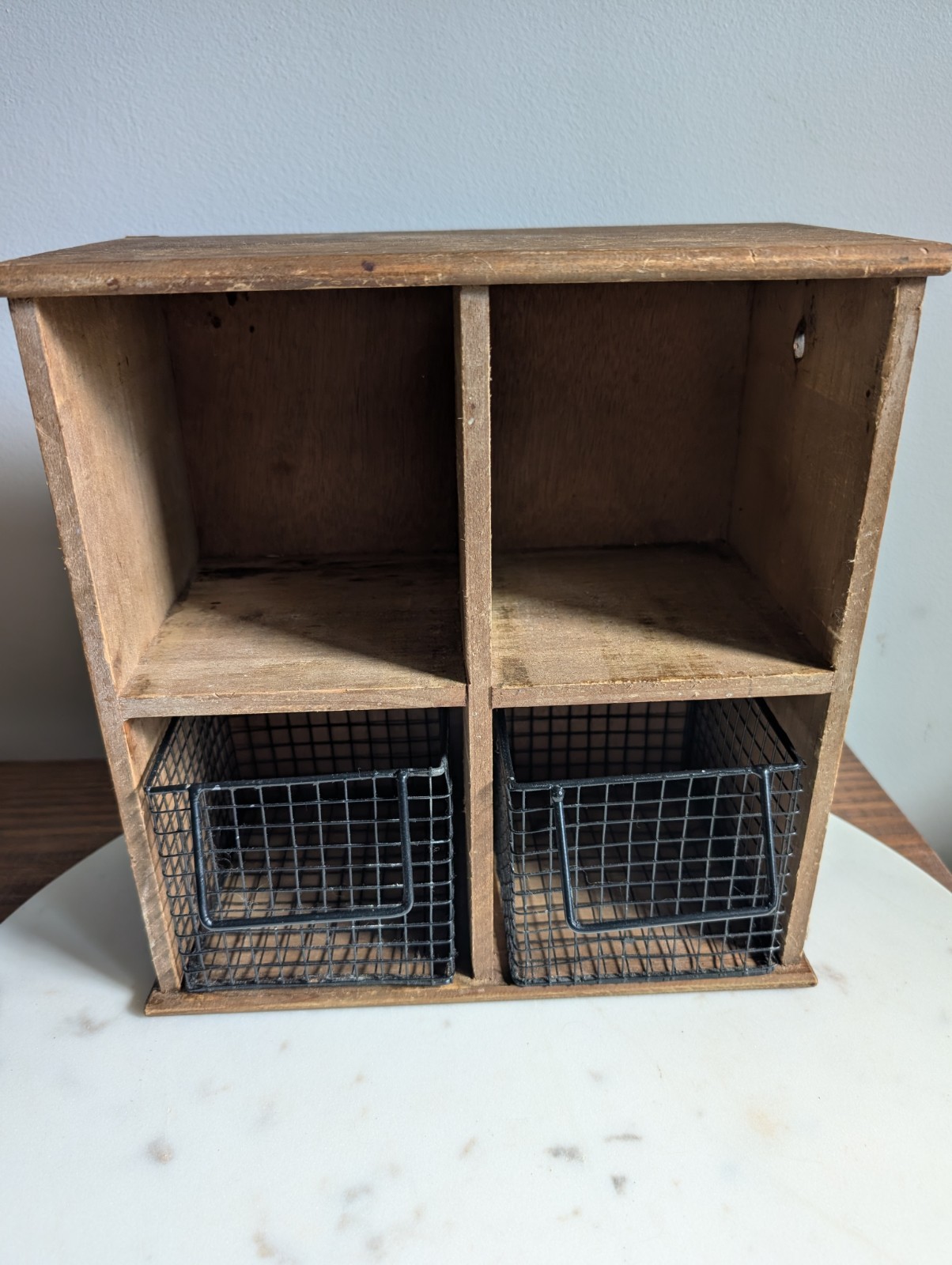 Rustic Wood Wall Organizer w Wire Baskets Farmhouse Storage Shelf Bathroom Entry