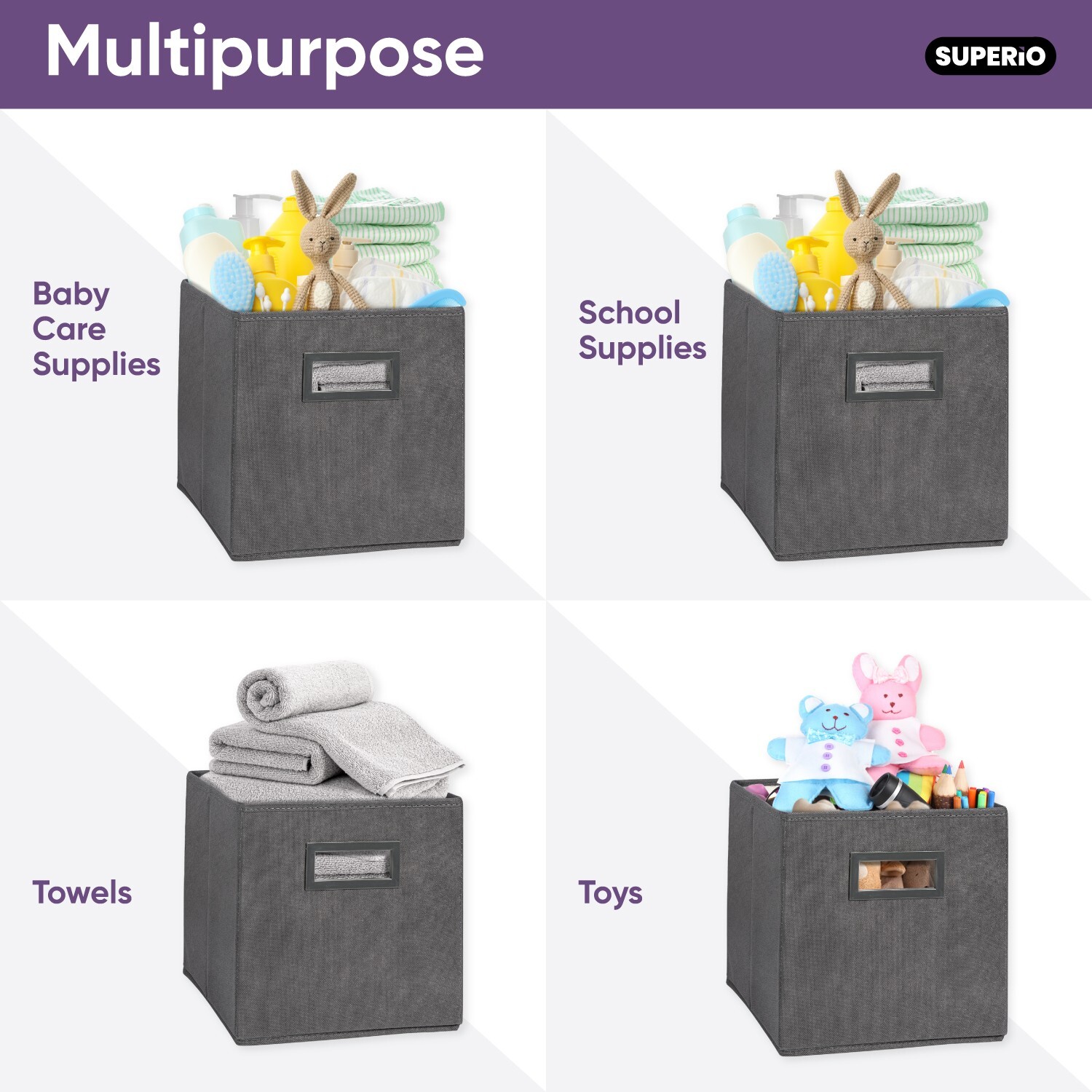 Superio Fabric Organizing Bin, 11" Grey Fabric Cube 1-Pack