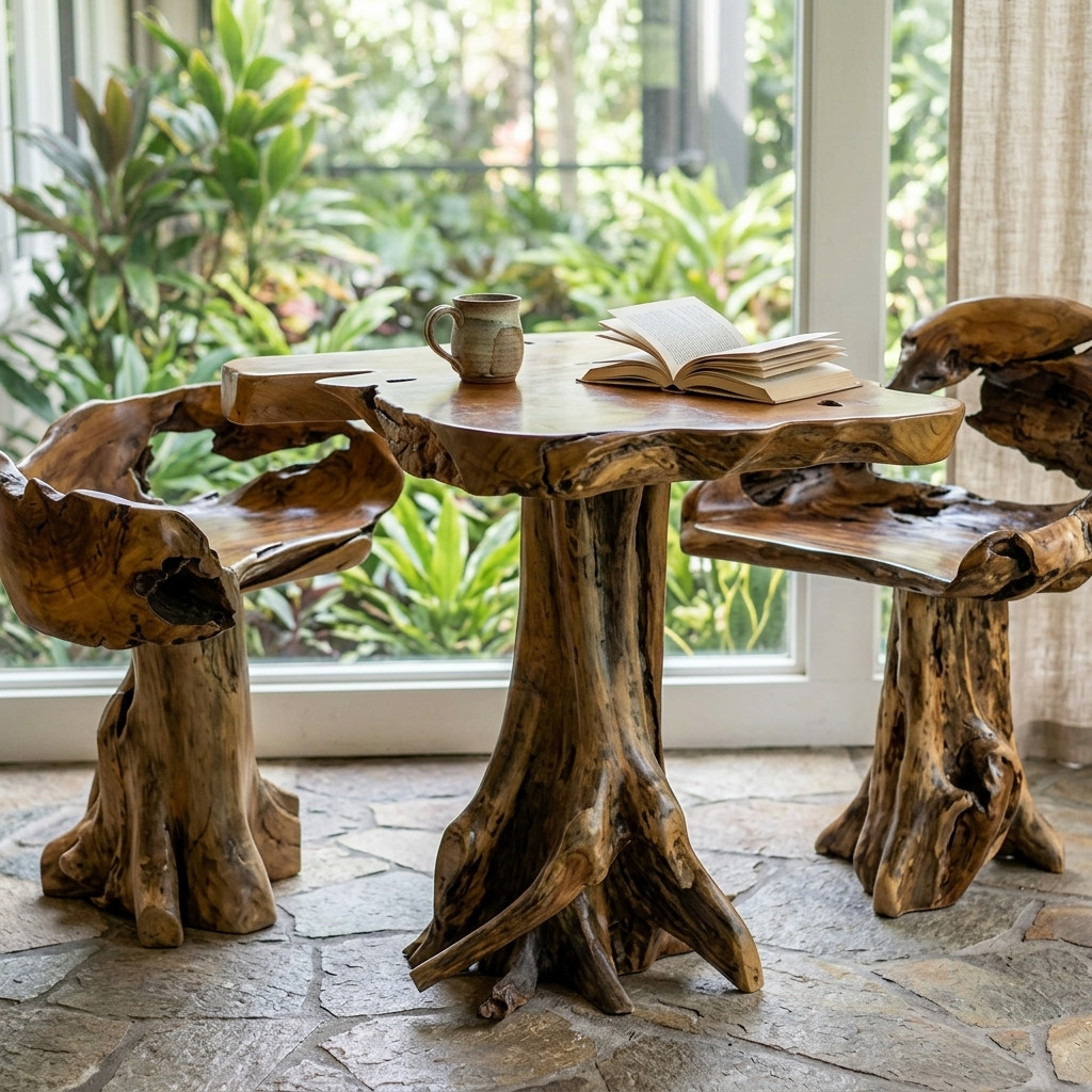 Dining Table Teak Burl Wood Set of Chairs Solid Wood Chairs Natural Conservatory Furniture